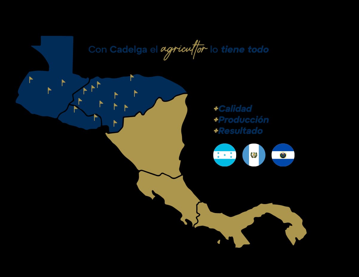 Con Cadelga el agricultor lo tiene todo: calidad, producción y resultado. Mapa con la presencia de Cadelga en Honduras, Guatemala y El Salvador.