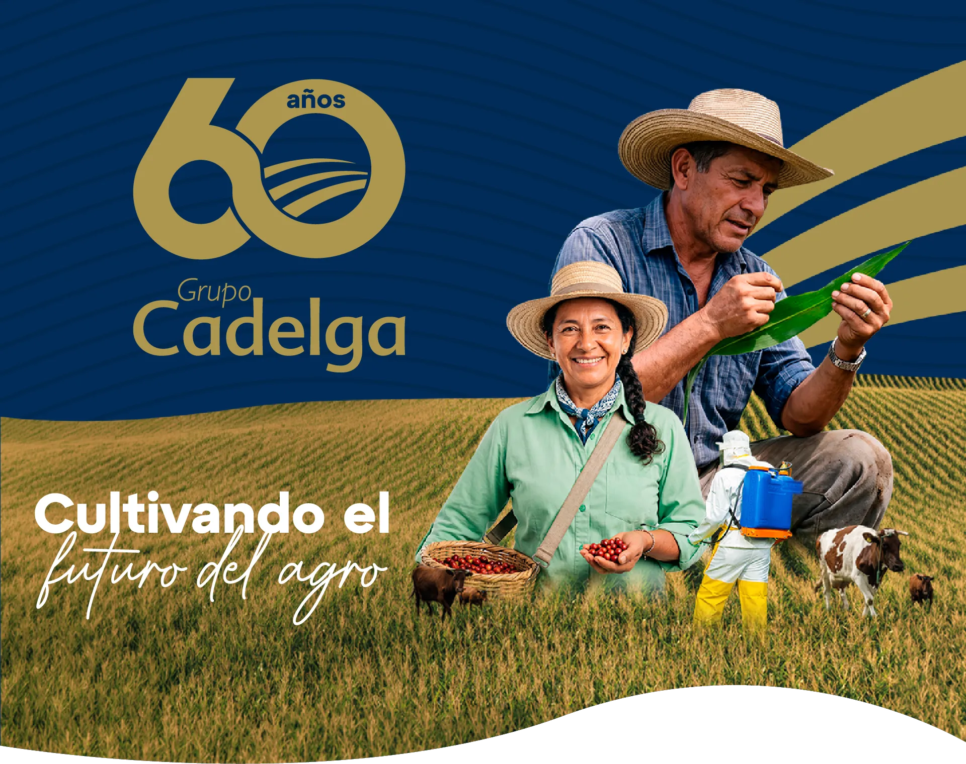 Grupo Cadelga, 60 años: cultivando el futuro del agro. Pareja de agricultores revisando una hoja de maíz.